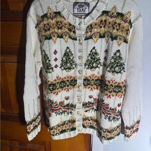 Tiara Festive Cream Cardigan with Green and Red Patterns